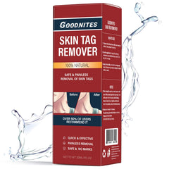 Goodnites Skin Tag Remover bottle close-up highlights the quick-dry formula.
