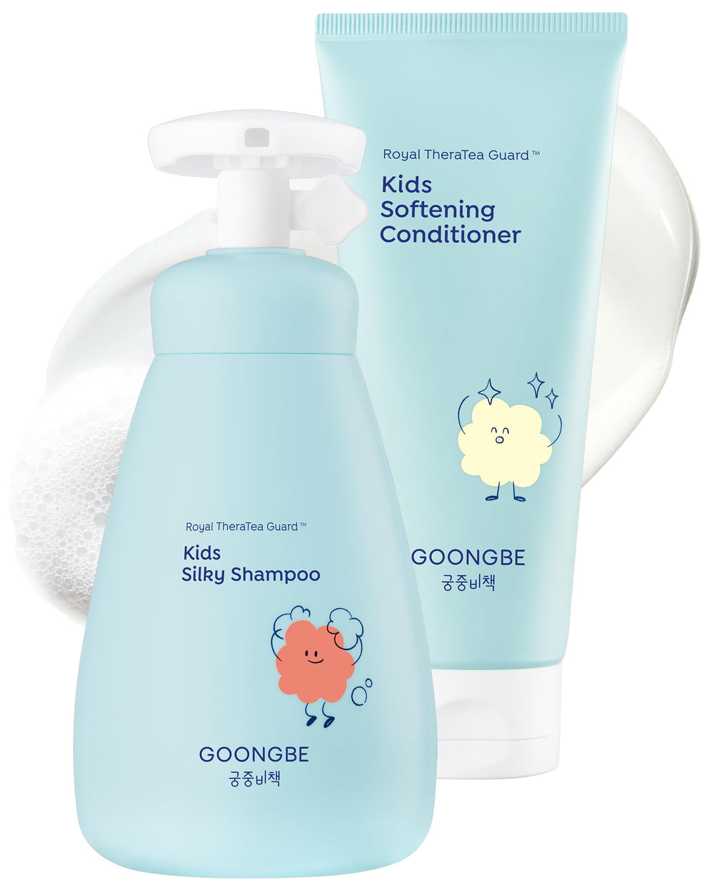 GOONGBE Kids Shampoo bottle shows silicone-free formula for gentle cleansing.