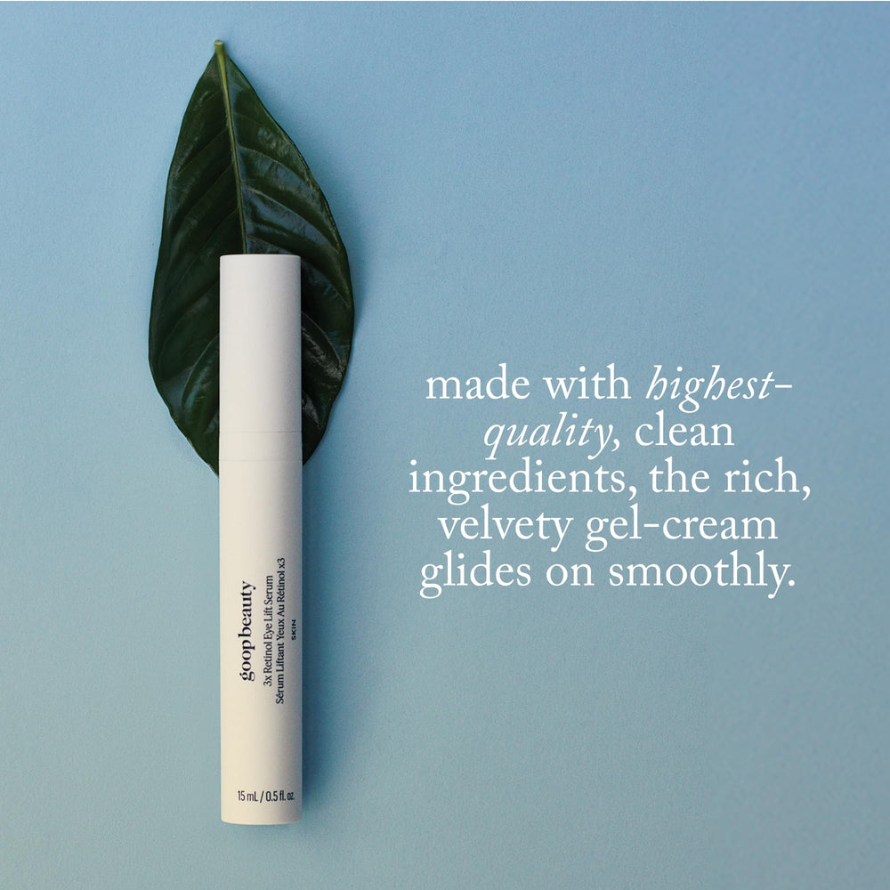 Goop Beauty 3x Retinol Eye Lift Serum ingredients visual highlighting encapsulated retinoids and niacinamide.