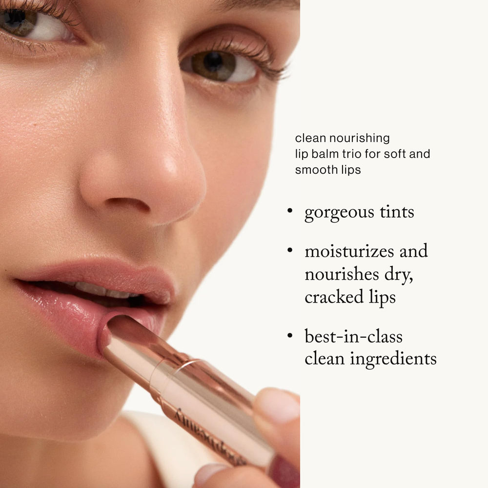 Goop Beauty Lip Balm Trio Peony swatch with nude-pink tint for natural color.