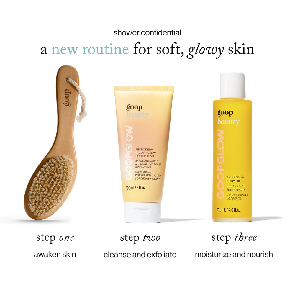 Goop Beauty Microderm Body Polish kakadu-plum-seed-oil hydrates during shower routine.