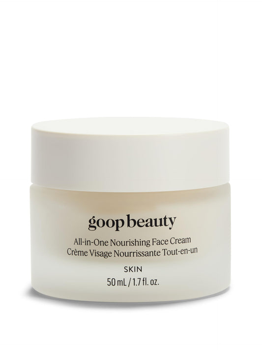 goop Beauty Nourishing Face Cream tube closeup, premium packaging and hydration promise.