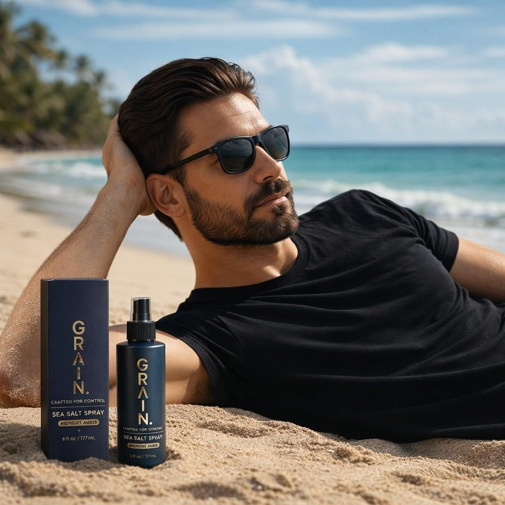 Grain Sea Salt Spray for Men ingredient list emphasizes aloe vera and pro-vitamin B5 hydration.
