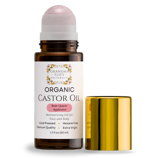 Grandma Flo's Naturals castor oil with rose quartz roller bottle for facial care and hair support