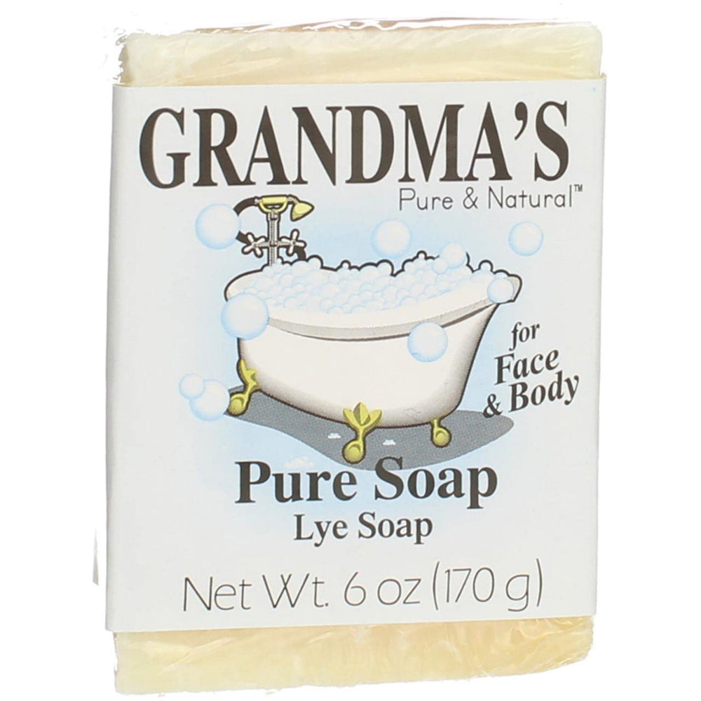 Grandma's Pure & Natural lye soap bar, front view, gentle cleansing for face and body.