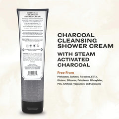 The Grandpa Soap Company charcoal shower cream bottle back showcases vegan, cruelty-free formula.