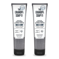 The Grandpa Soap Company charcoal shower cream bottle front highlights pore-clarifying charcoal benefits.
