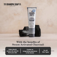 The Grandpa Soap Company charcoal shower cream foaming lather demonstrates easy rinse.