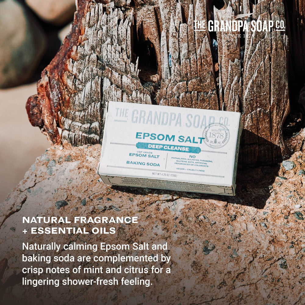 The Grandpa Soap Company Epsom Salt Bar Soap lathers in hand for a thorough daily cleanse.