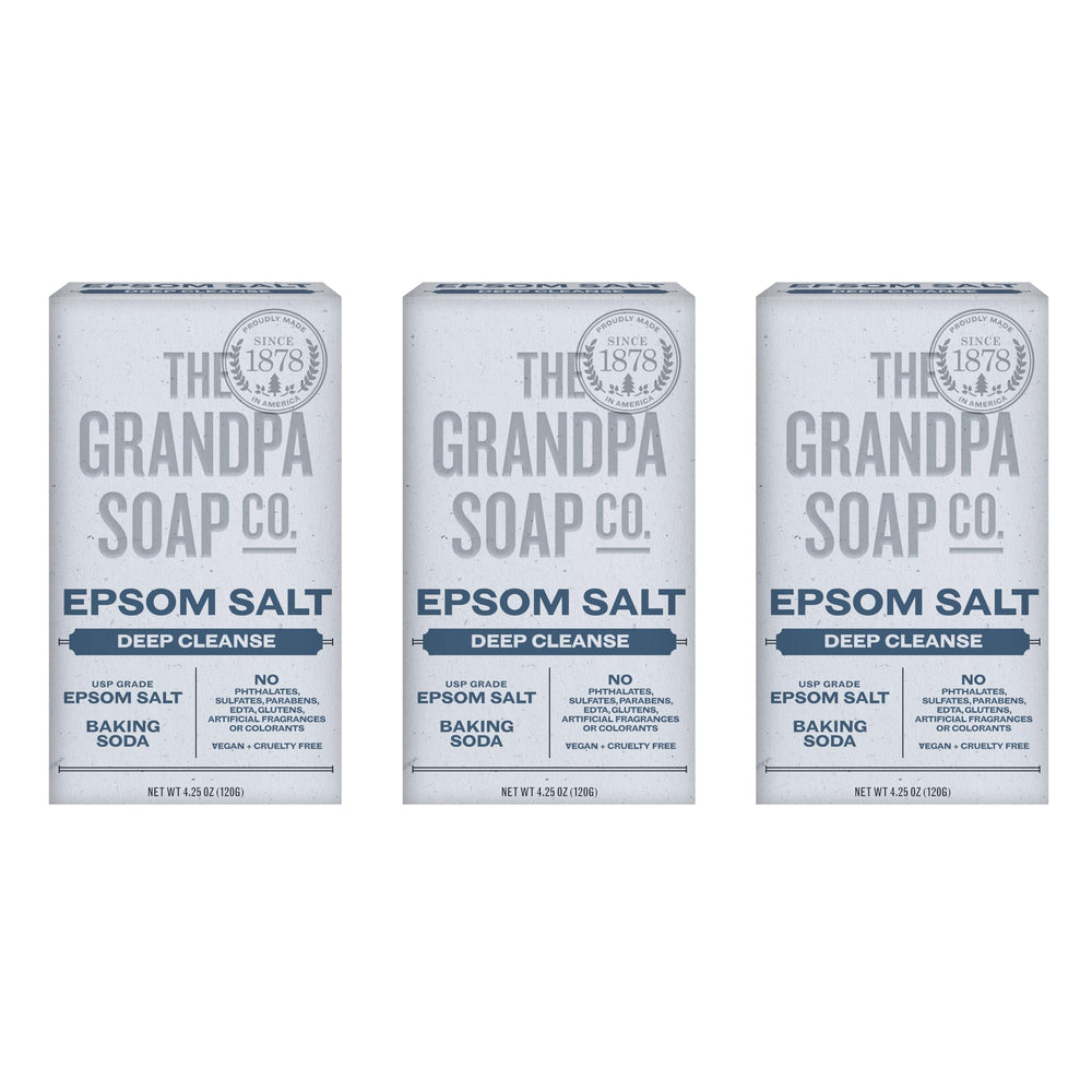 The Grandpa Soap Company Epsom Salt Bar Soap packaging label highlights vegan and cruelty-free choices.