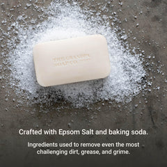 The Grandpa Soap Company Epsom Salt Bar Soap texture shows baking soda granules for gentle exfoliation.
