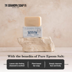 The Grandpa Soap Company Epsom Salt Bar Soap three-pack display offers convenient value.