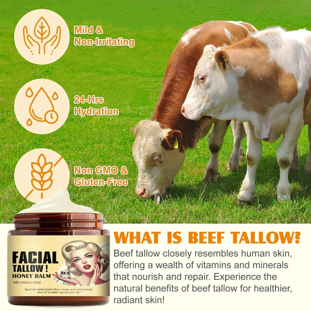 Grass-fed beef tallow facial balm with honey infusion bottle for natural care.