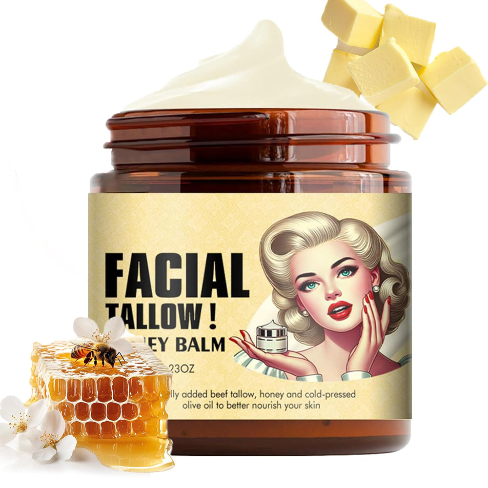 Grass-fed beef tallow facial balm jar close-up showing silky texture for nourished skin.