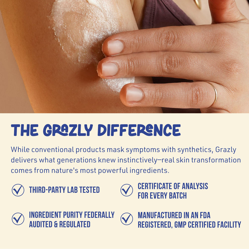 Grazly Grass-fed tallow ingredient label emphasizes natural sourcing