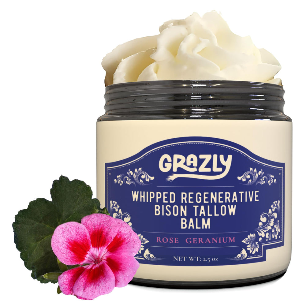 Grazly Whipped Bison Tallow Balm rose geranium jar for soft hydrated skin