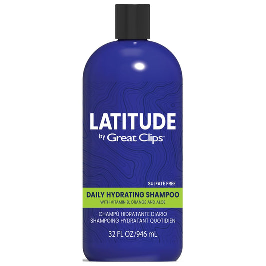 Great Clips Latitude daily hydrating shampoo bottle with refreshing cleanse for all hair types.