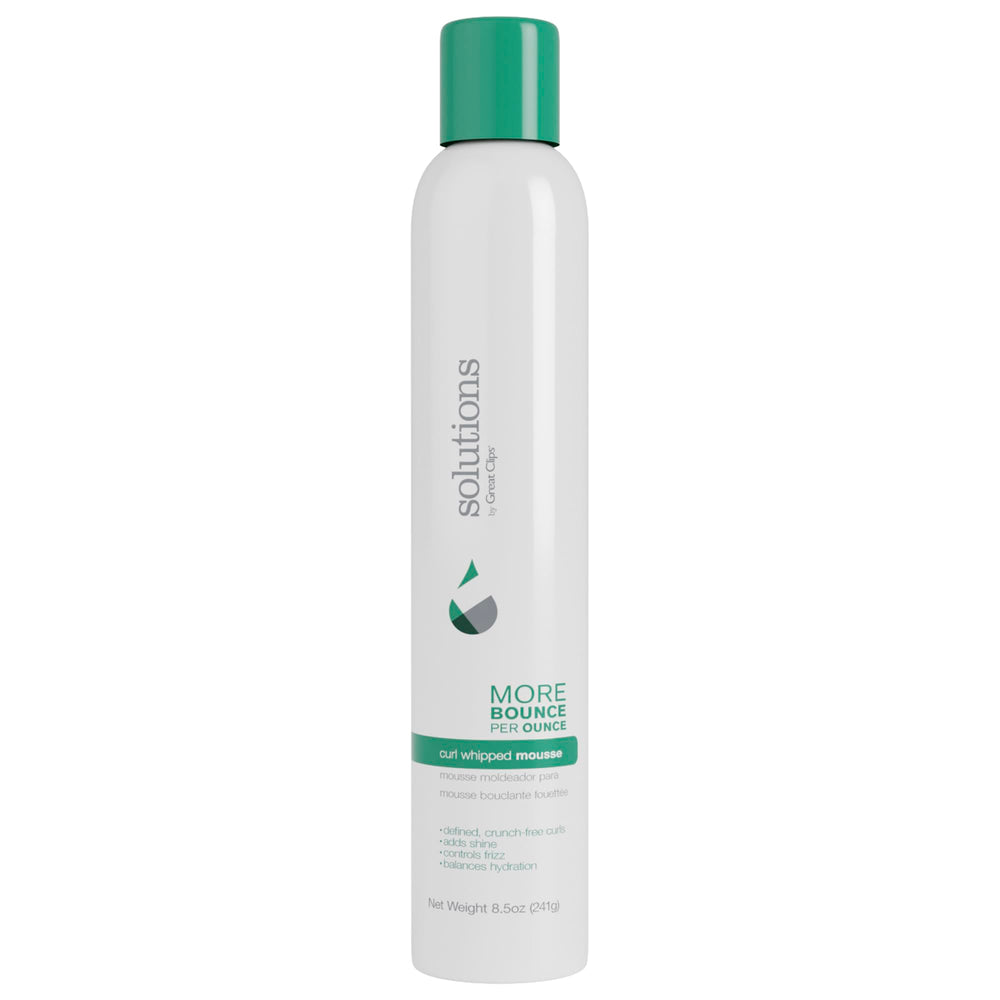 Great Clips Solutions Curl Whipped Mousse bottle-dispense shows easy, even application for defined curls.