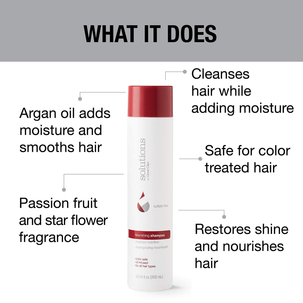 GREAT CLIPS Solutions Nourishing Shampoo moisturizing formula leaves hair feeling hydrated and glossy