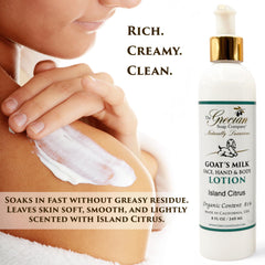 Grecian Goat Milk Body Wash pour closeup demonstrates smooth lather and citrus fragrance.