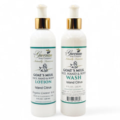 The Grecian Goat Milk Lotion Island Citrus pump bottle delivering deep hydration for daily use.