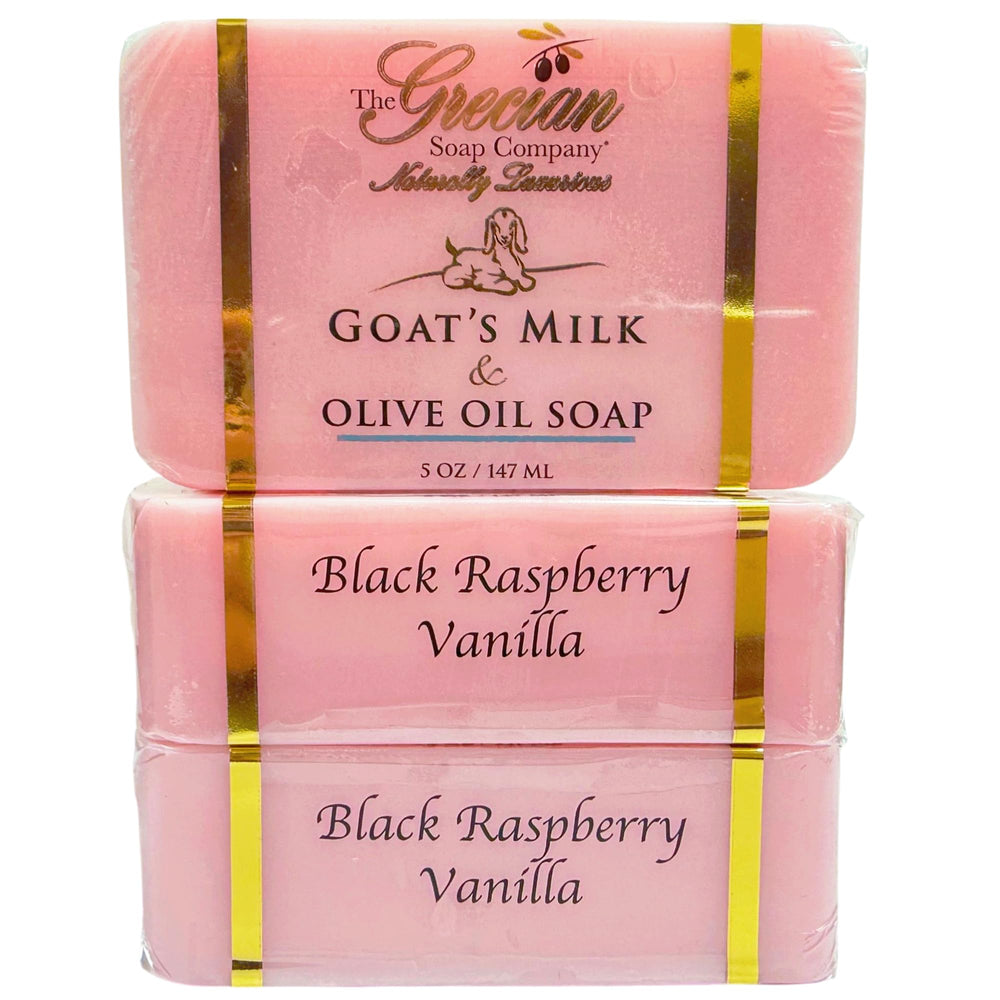 The Grecian Soap Company goat milk bar with black raspberry vanilla aroma for daily cleansing.