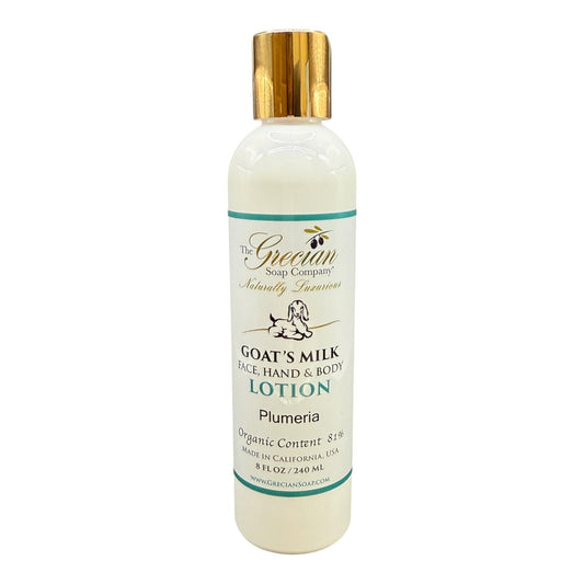 The Grecian Soap Company GM Lotion Plumeria bottle glows with moisturizer for daily skin comfort.