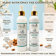 The Grecian Soap Company goat milk body wash almond 8oz bottle for gentle cleansing.