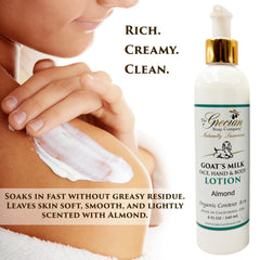 Goat milk body wash almond pump bottle with rich lather for hydration (The Grecian Soap Company).