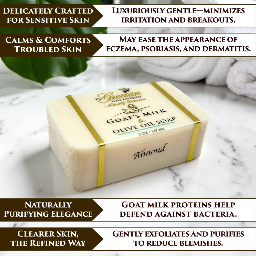The Grecian Soap Company closeup shows creamy lather from the almond goat milk bar