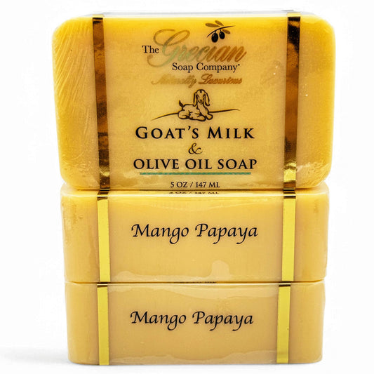 The Grecian Soap Company Goat Milk and Olive Oil Bar Mango Papaya lather highlighting rich moisture