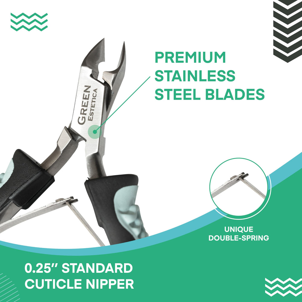 Green Estetica stainless steel cuticle nipper close-up of sharp blades.