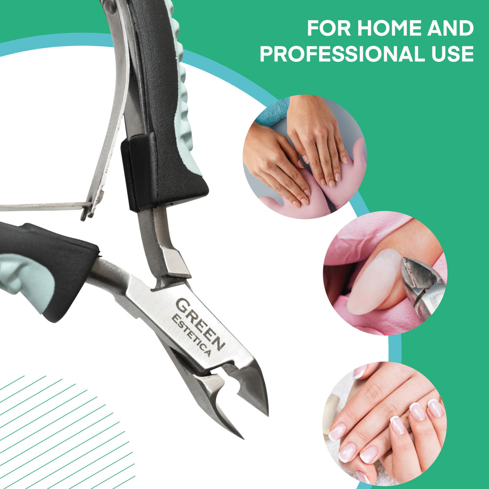 Green Estetica eagle-mouth blades close-up for precise cuticle removal.