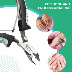 Green Estetica eagle-mouth blades close-up for precise cuticle removal.