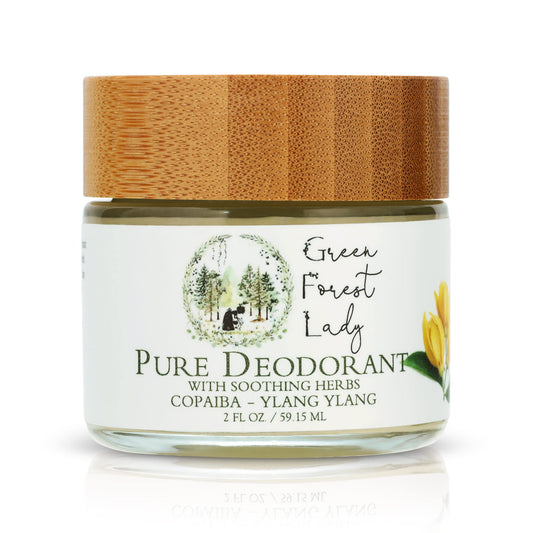 Green Forest Lady deodorant in a recyclable glass jar for all-day freshness