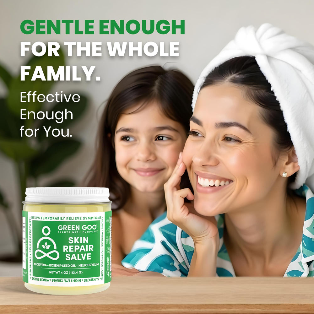 Green Goo blue chamomile flowers suggest soothing, calming skincare.
