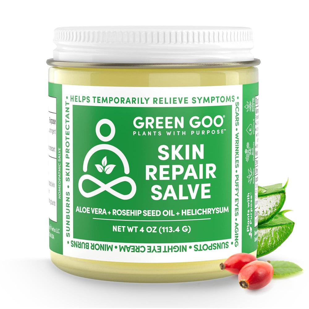 Green Goo blue yarrow plant highlights gentle relief for minor irritations.