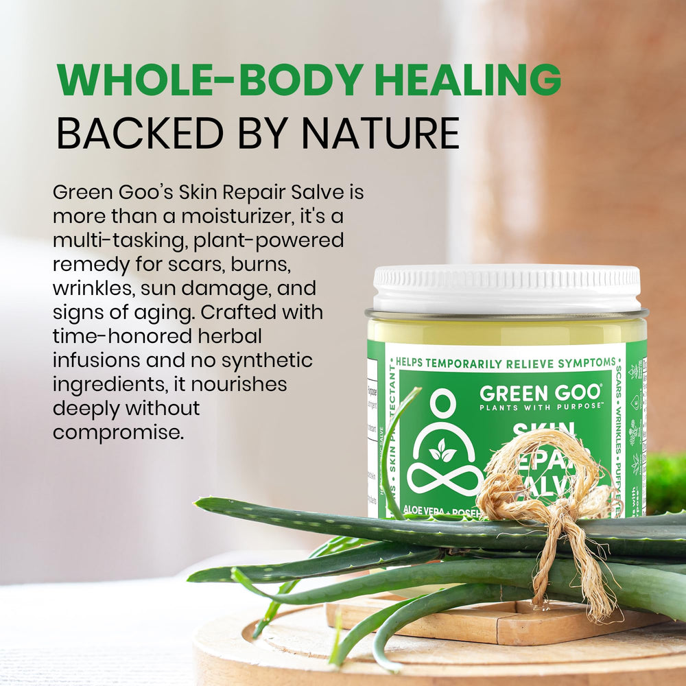 Green Goo Skin Repair Salve applied on the face at night demonstrates routine.