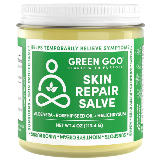 Green Goo Skin Repair Salve packaging shows branding for easy daily moisturizing.
