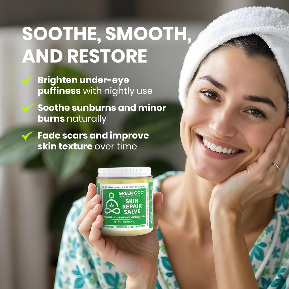 Green Goo Skin Repair Salve texture swirl shows creamy, nourishing consistency.