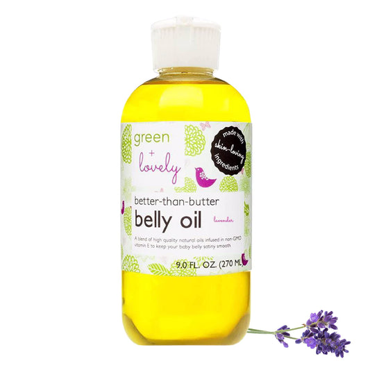 Green + Lovely Belly Oil bottle for preventive stretch marks and elasticity support.