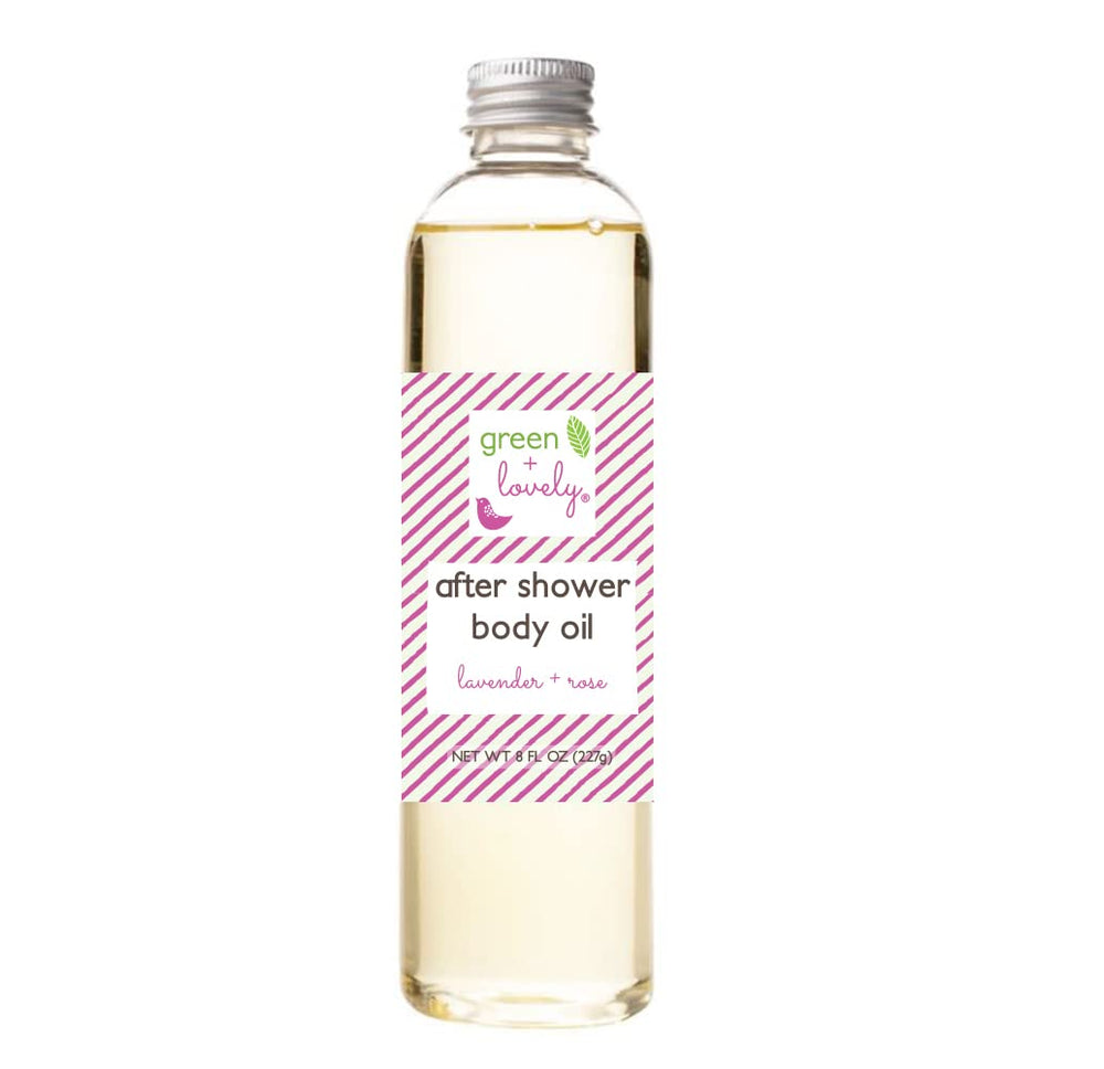 Green + Lovely body oil after shower pump for quick moisture and soft skin.