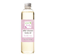 Green + Lovely body oil after shower pump for quick moisture and soft skin.