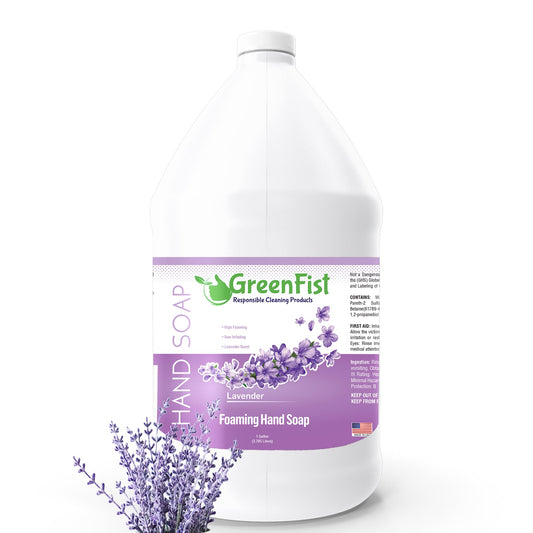 GreenFist lavender foaming hand soap being poured for gentle cleansing