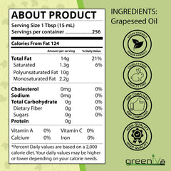 GreenIVe Grapeseed Oil bottle side view highlighting purity and organic sourcing