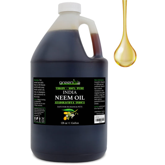 GreenIVe Neem Oil bottle pouring for skin and hair care.