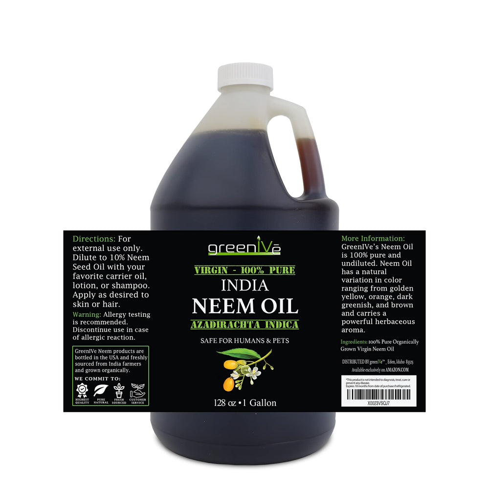 Close-up of GreenIVe Neem Oil showing virgin cold-pressed clarity.