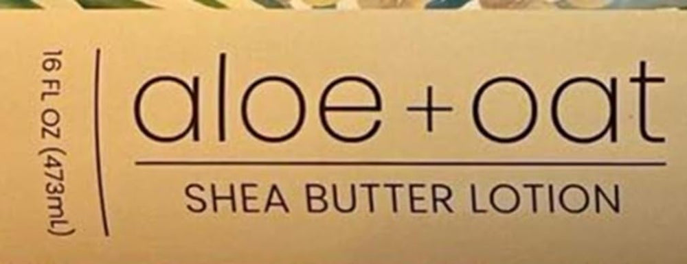 Label close-up of Greenwich Bay Aloe + Oat Hand Lotion highlighting ingredients