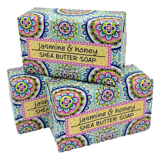 Greenwich Bay Jasmine and Honey soap block with gentle exfoliation and lush fragrance.
