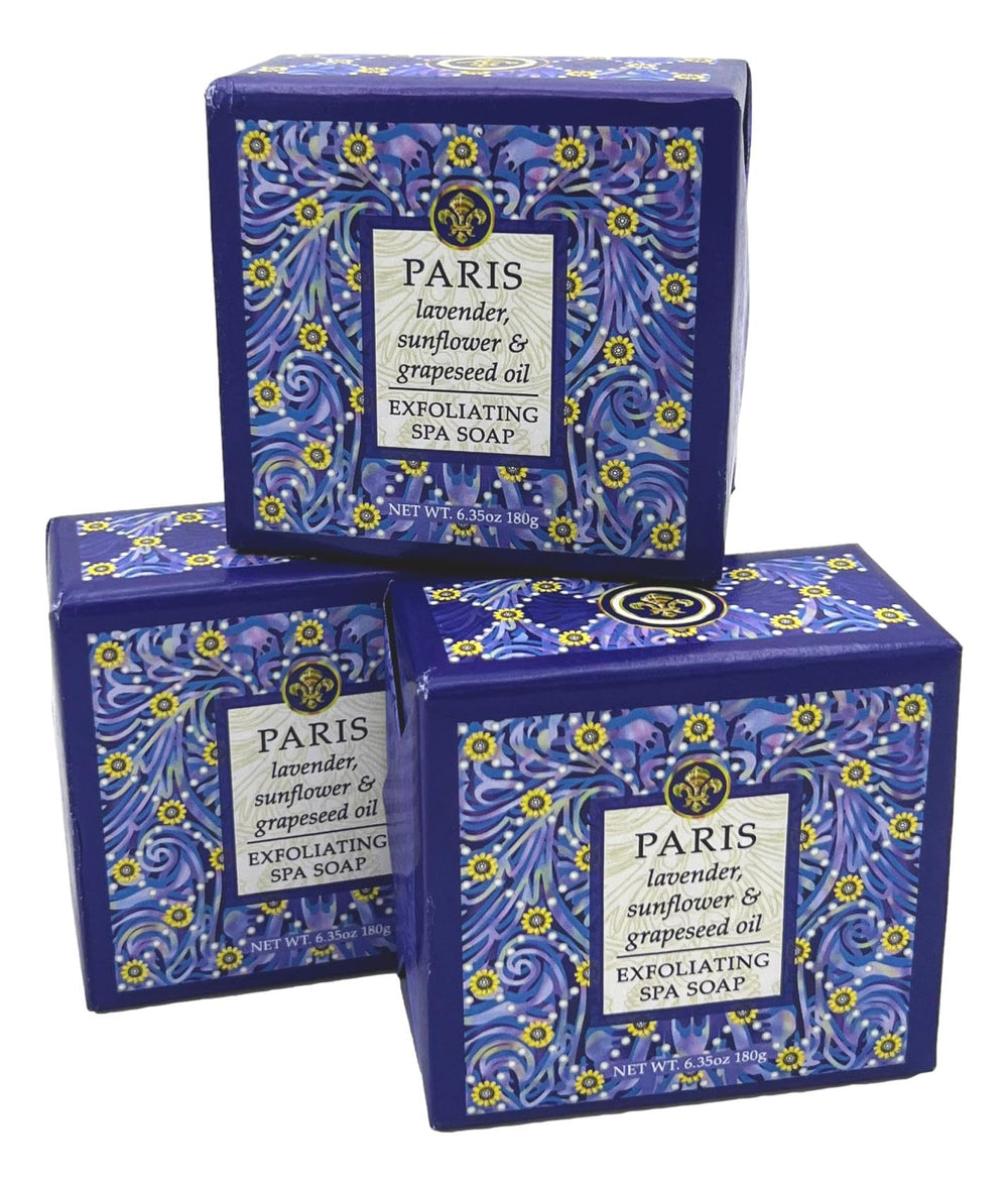 Greenwich Bay Paris Exfoliating Spa Soap square bar with lavender buds for gentle exfoliation.